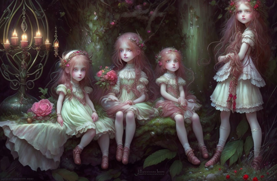 Four Pale-Skinned Girls in Fantasy Woodland Setting with Lantern