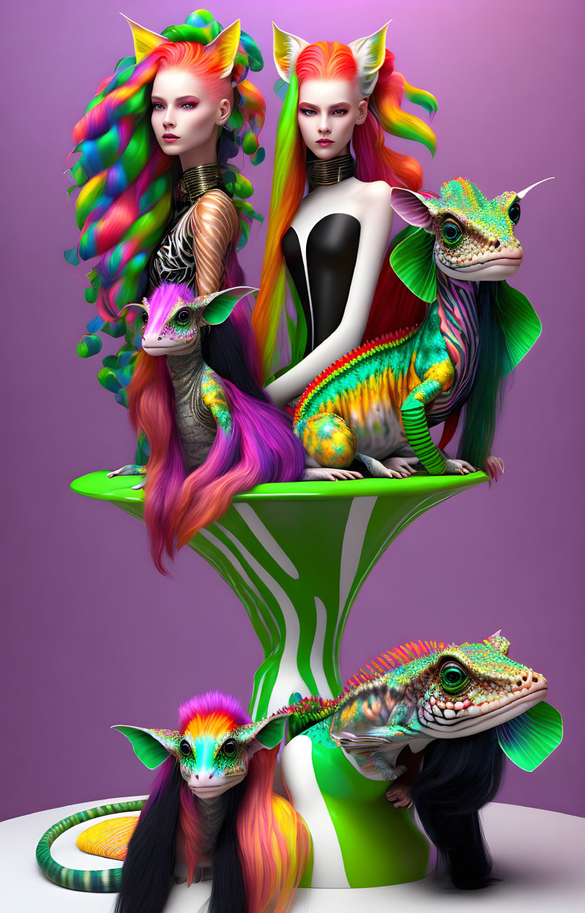 Colorful digital artwork: mirrored women, multicolored hair, fantasy lizards, purple background