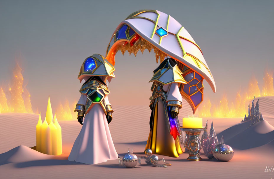 Ornate armored figures near candles and mystical orbs in fiery landscape