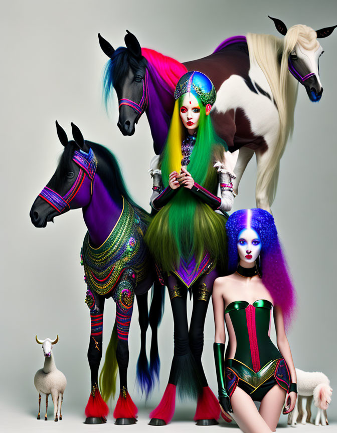 Colorful photo of two women with vibrant hair and makeup posing with stylized animals