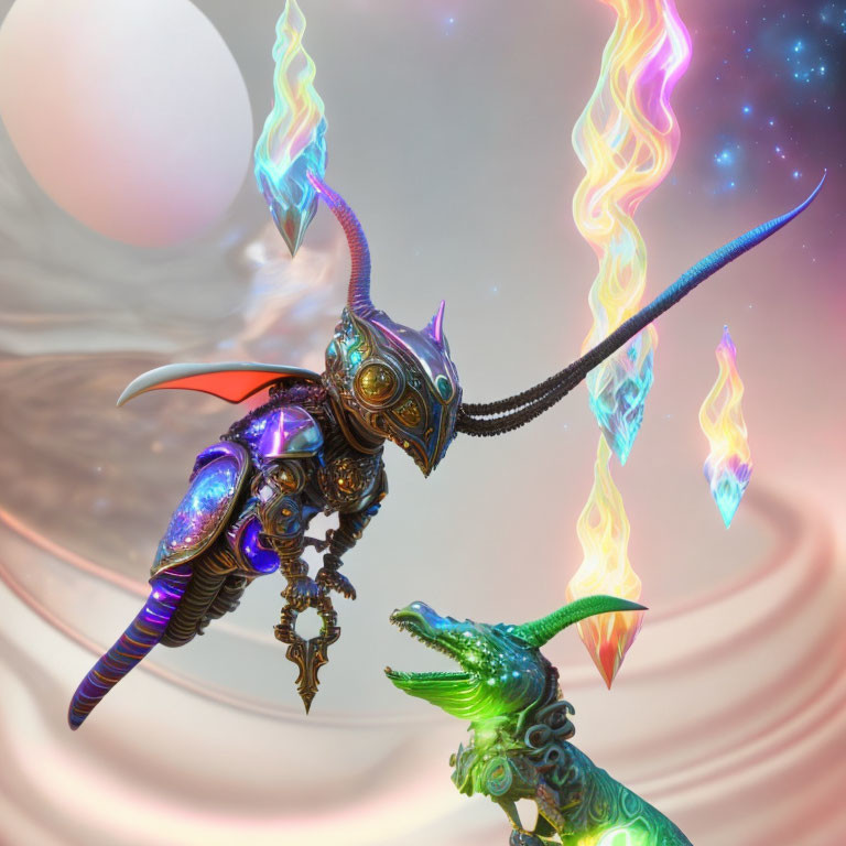 Digital Art: Metallic insect vs. green dragon in cosmic scene