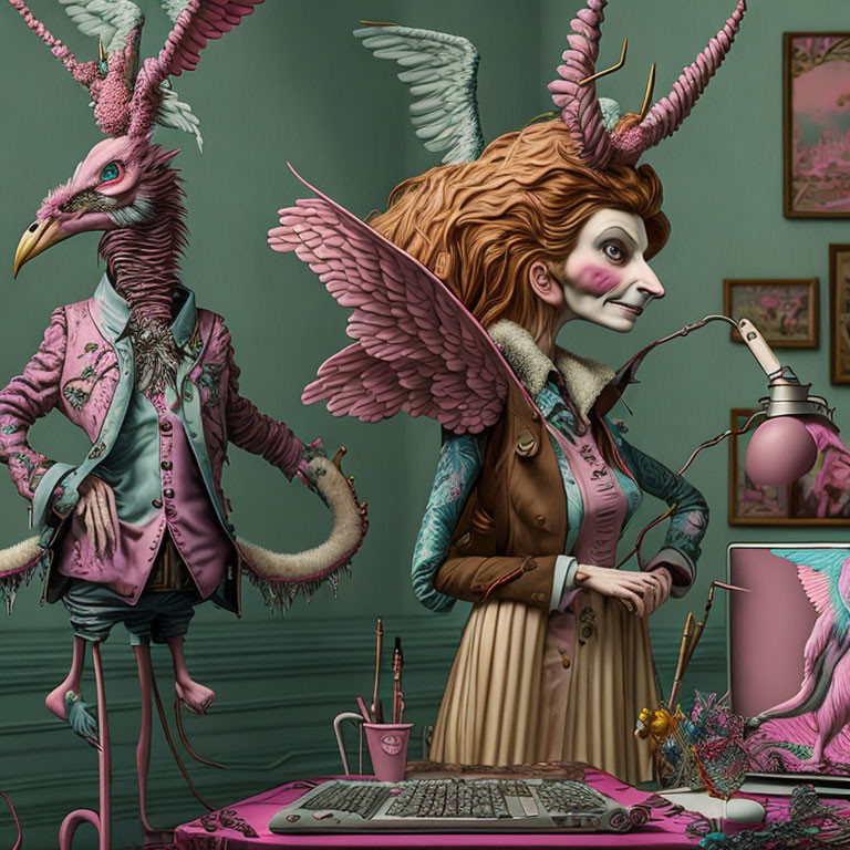 Anthropomorphic creatures in surreal office setting with bird-like heads and Victorian attire