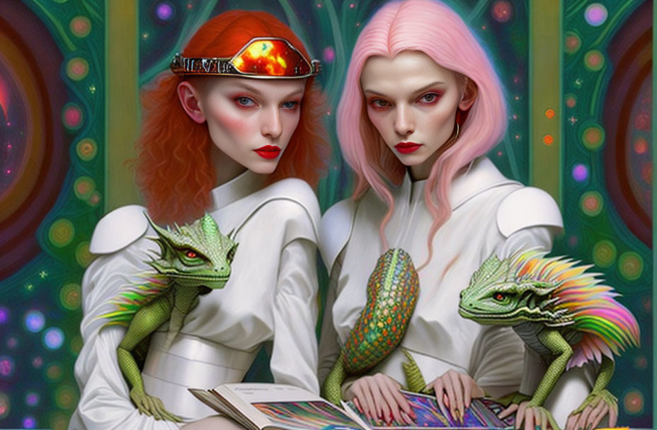 Stylized individuals with red hair holding lizards in cosmic setting