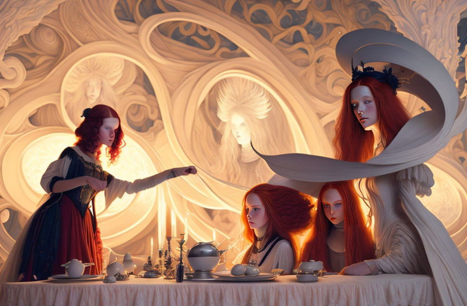 Four Red-Haired Women at Surreal Tea Party with Intricate Designs