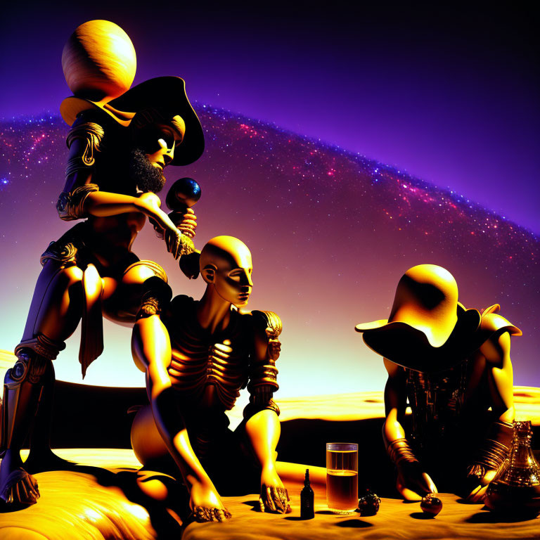 Stylized figures in surreal desert scene with microphone and drinks