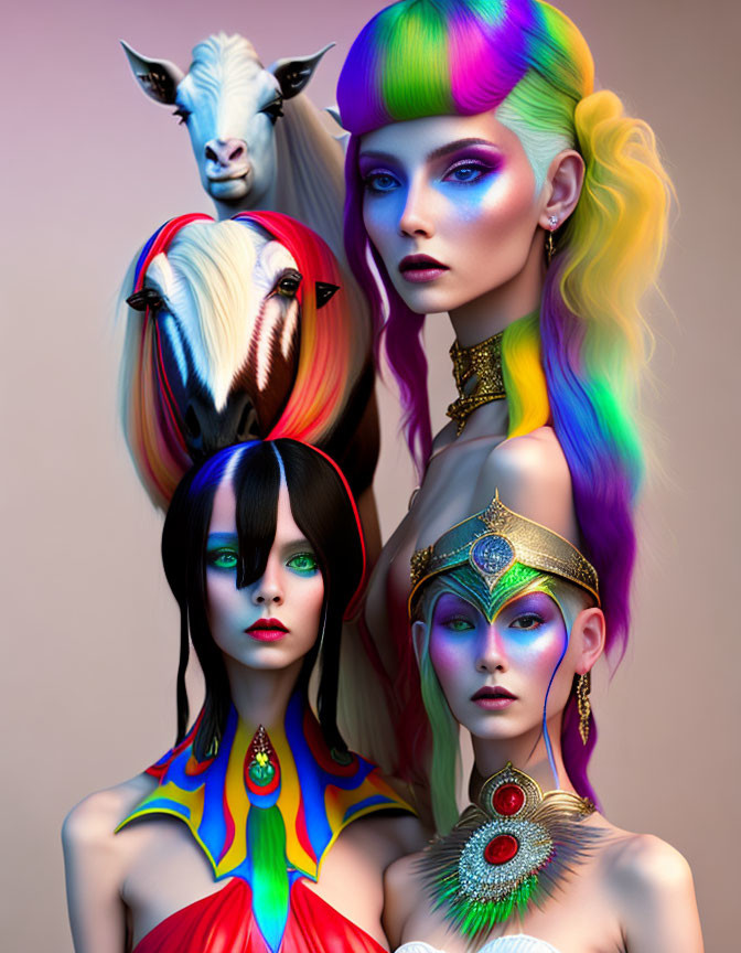 Four vibrant characters with animal-inspired hair and makeup on pastel backdrop