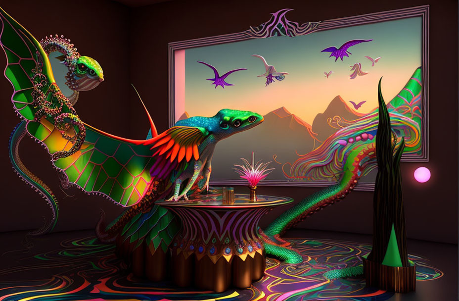 Colorful chameleon creatures in vibrant, psychedelic room with fantastic landscape view.