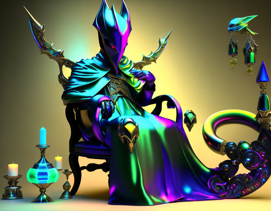 Regal armored figure on throne surrounded by mystical artifacts