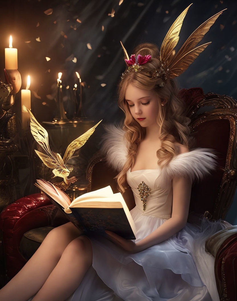 Young woman in white dress reading book surrounded by candles and glowing bird with feathers.