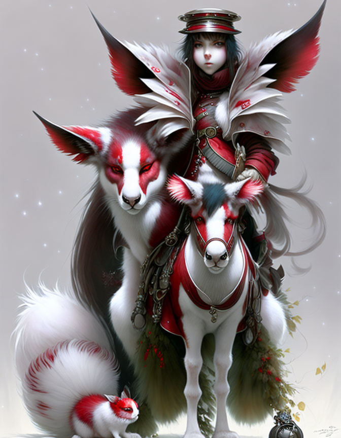 Fantasy illustration of person in ornate red and white clothing riding white horse with fox companions