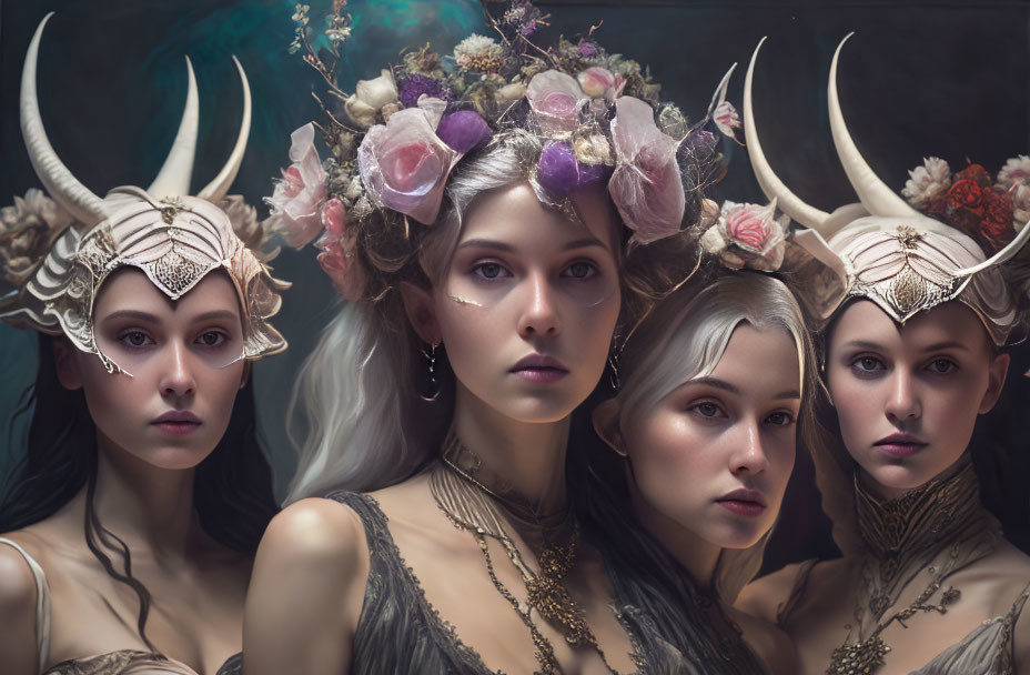 Three women with intricate horned headdresses and floral crowns in mystical setting