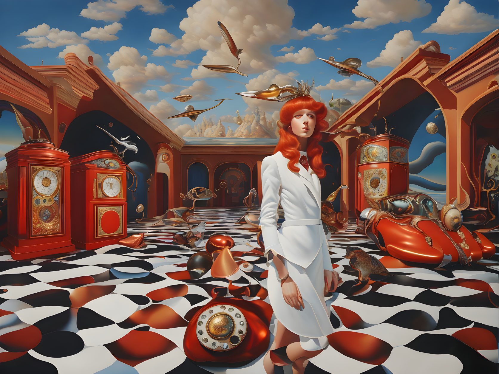 Surreal painting featuring red-haired woman, antique phones, fish, seagulls, and classical