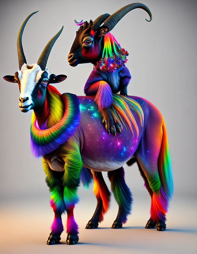 Colorful stylized goats with galaxy fur and vibrant rainbow colors on neutral background