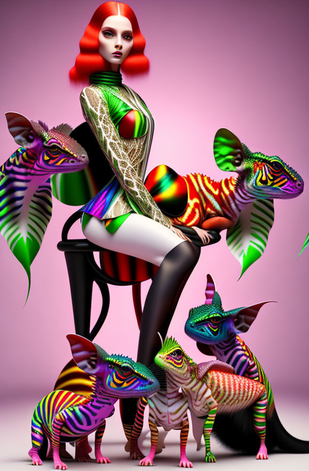 Surreal image: Red-haired woman in futuristic attire with colorful chameleons