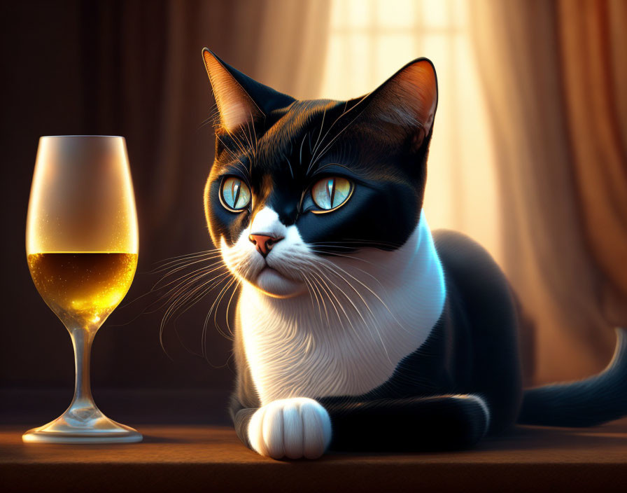 Black and white cat with striking eyes next to a glass of white wine in sunlight.