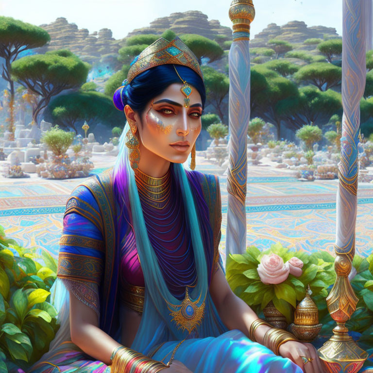 Regal woman with blue hair in traditional Indian attire and jewelry.