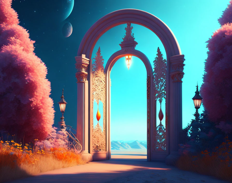 Ornate archway revealing fantastical landscape with pink trees and serene ocean