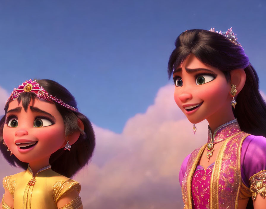 Animated female characters in royal tiaras, one in yellow and the other in purple, smiling under sky