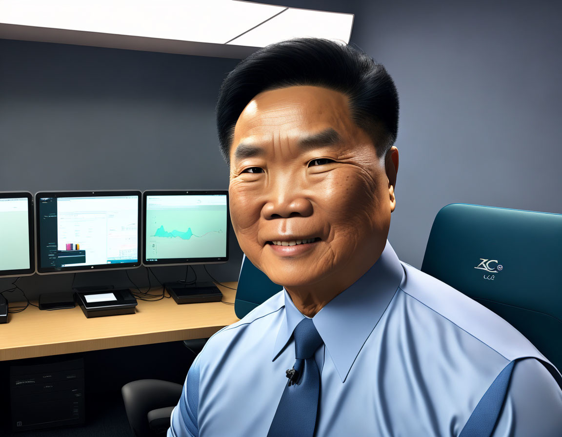 Illustrated man in blue shirt in office with computer monitors showing graphs.