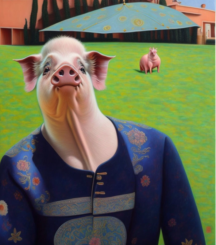 Surreal portrait: pig with human-like features in floral shirt