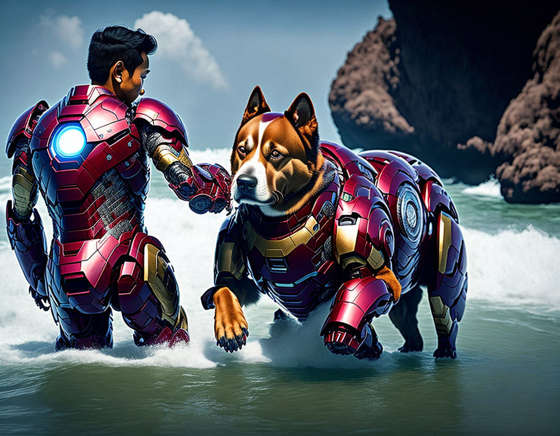 Man and dog in Iron Man suits by rocky ocean shore