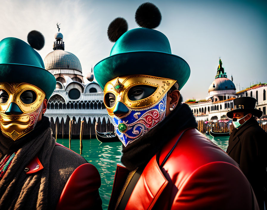 Two individuals in ornate masks and hats by a Venetian canal with historical architecture.