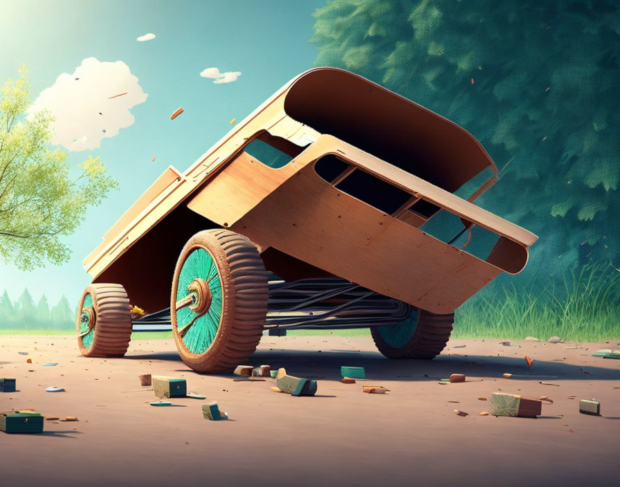 Wooden Toy Car with Oversized Wheels Exploding on Sunlit Road