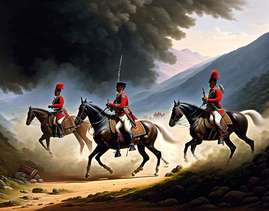 Military scene: Soldiers on horseback in smoky battlefield with artillery.