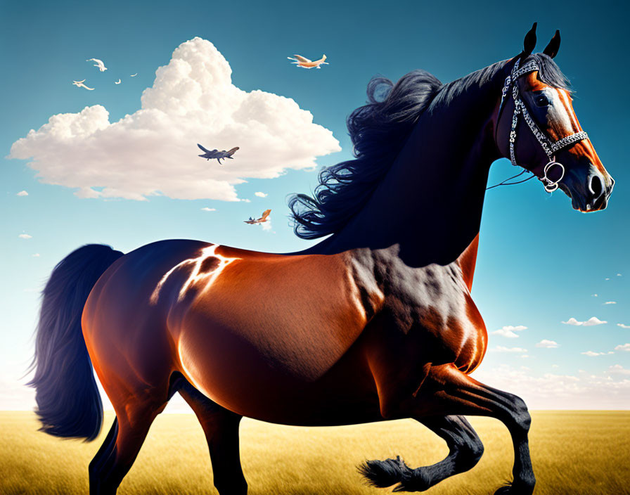 Brown horse with black mane gallops under blue sky with birds.