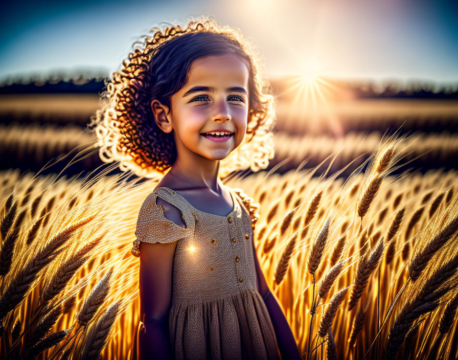 Curly-Haired Girl Smiling in Golden Wheat Field