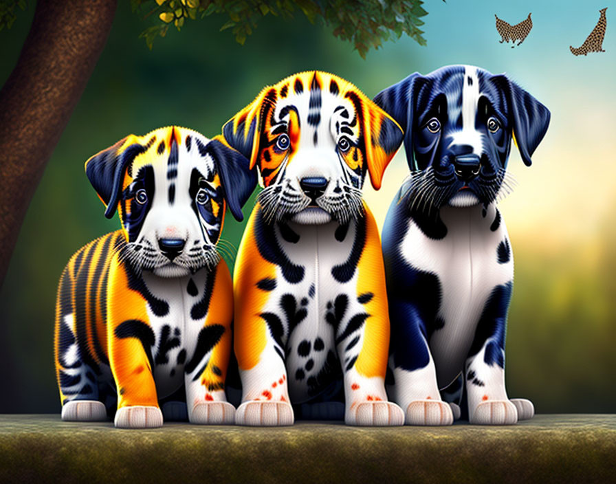 Three Cartoon Puppies with Tiger, Cheetah, and Dalmatian Coat Patterns in Color