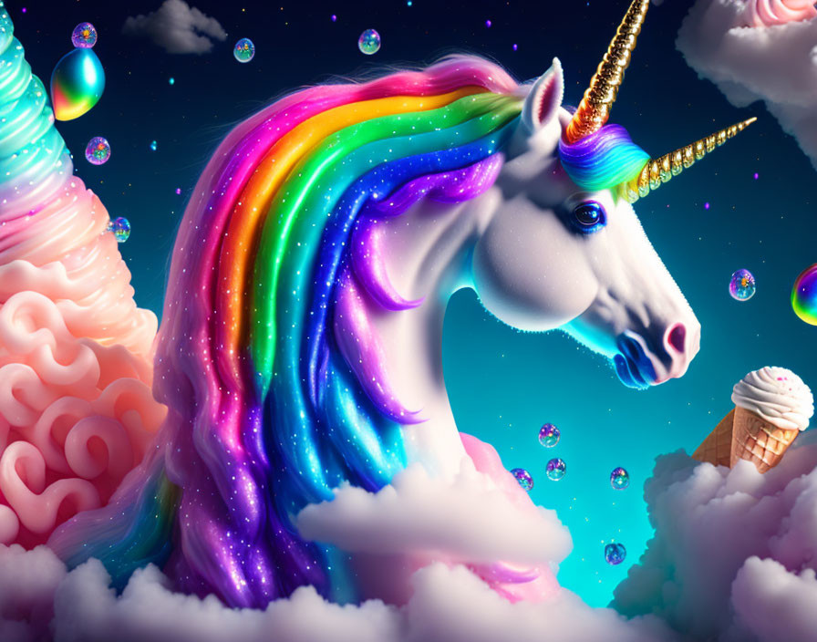 Colorful Unicorn with Rainbow Mane in Dreamy Night Sky