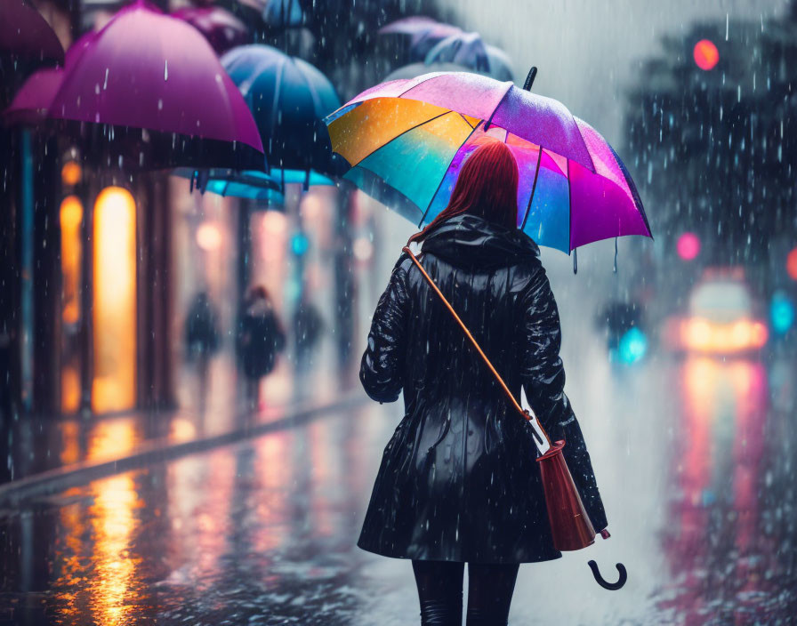 Colorful umbrella person walking on rainy city street at night