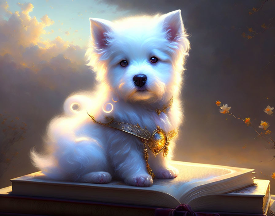 Fluffy white puppy with golden locket on open book under soft light