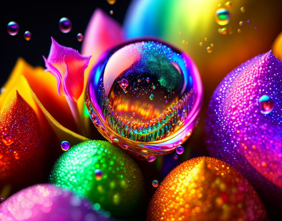 Colorful water droplet macro on glitter spheres with refracted colors