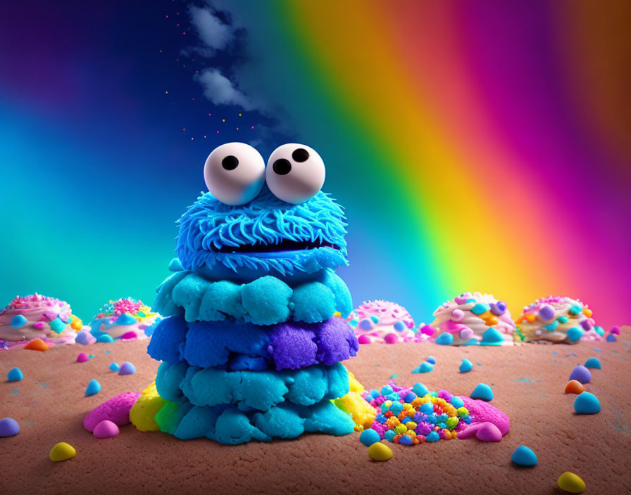 Fluffy blue character on sweets mound under vibrant rainbow