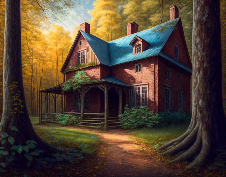 Brick house with blue roof in autumn setting