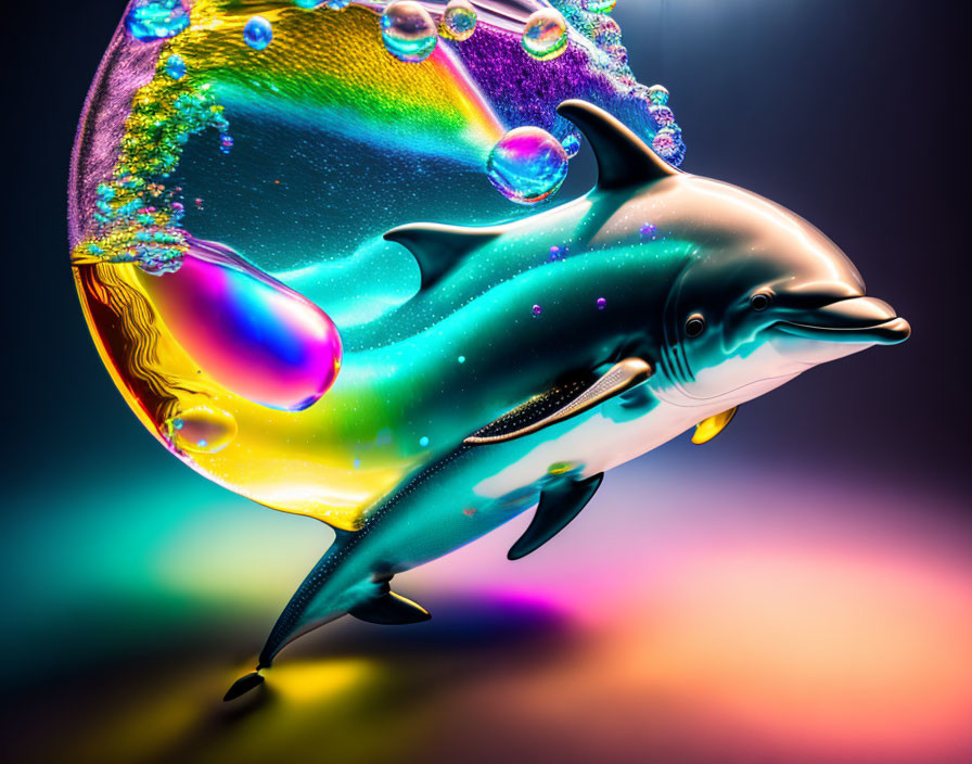 Colorful Dolphin Artwork with Iridescent Bubble & Gradient Background