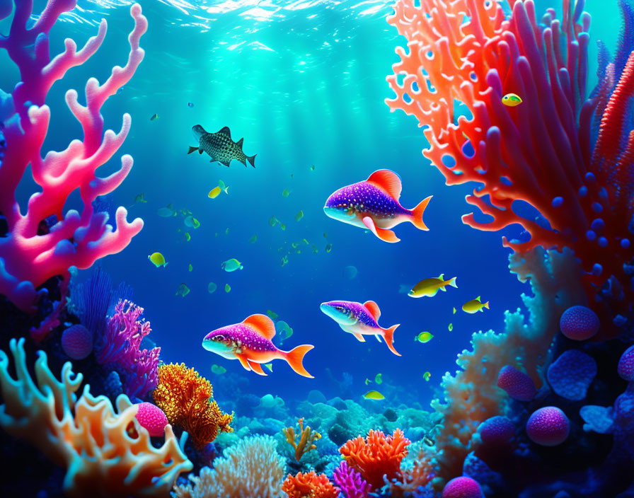 Colorful Coral and Diverse Fish in Vibrant Underwater Scene