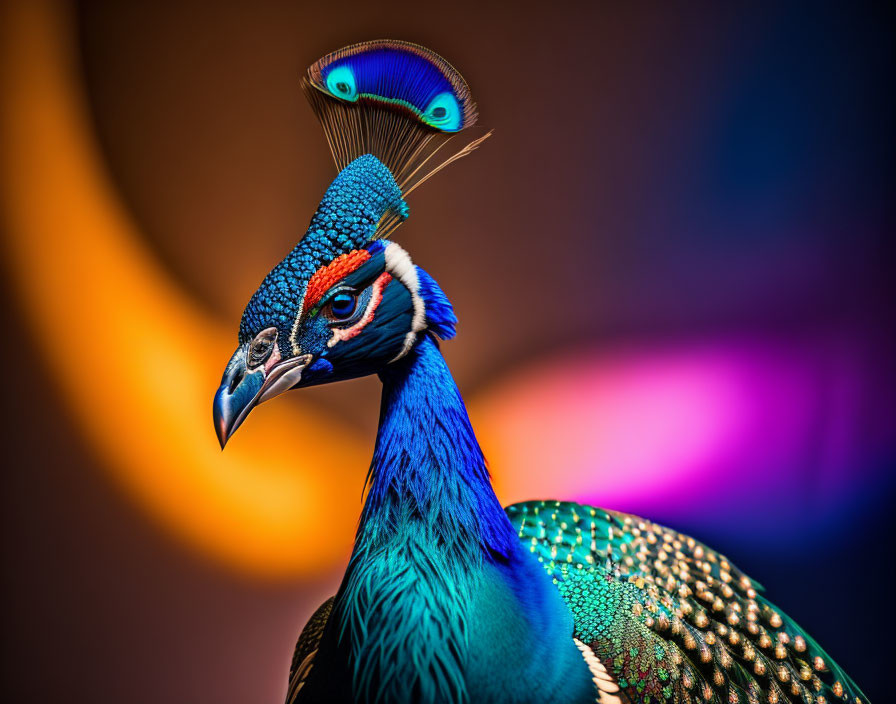 Colorful Peacock with Blue Neck and Green Feathers on Blurred Background