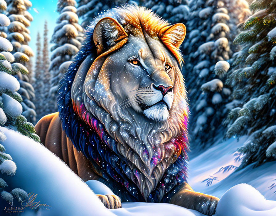 Colorful Maned Lion in Snowy Forest Landscape