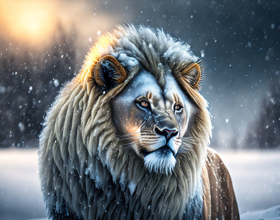 Majestic lion with thick mane in snowy landscape