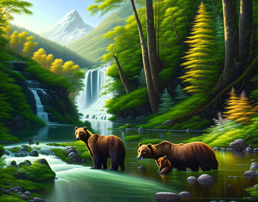 Bears near forest stream with waterfalls, mountain backdrop