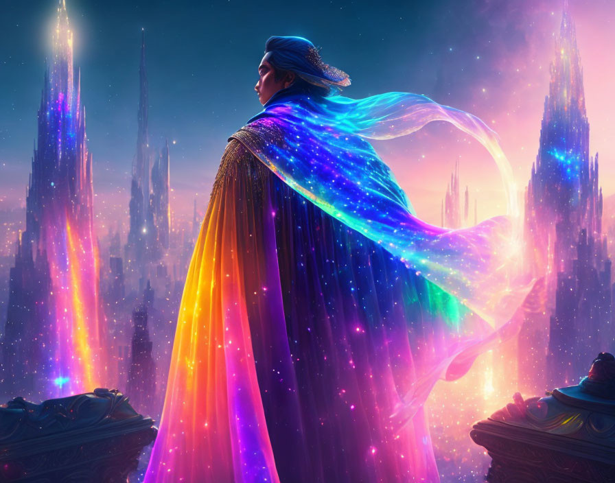 Vibrant Cloaked Figure Overlooking Fantastical Cityscape