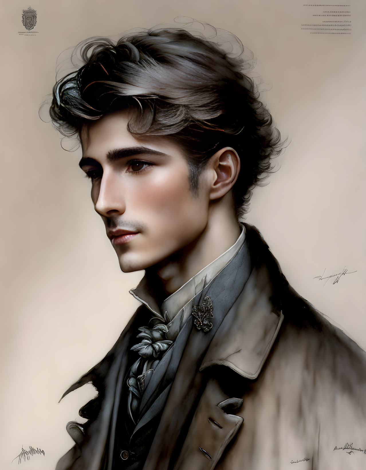 Detailed digital portrait of a young man in formal attire with styled hair and brooch.