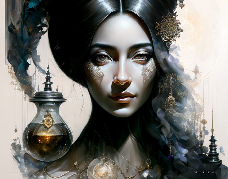 Dark-haired woman with golden accents and floating lantern in surreal portrait