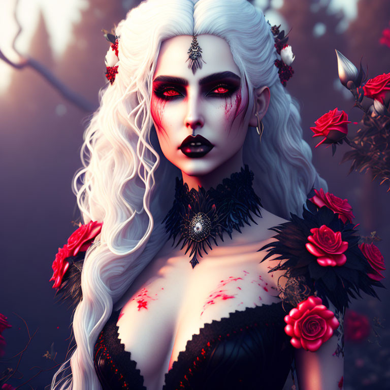 Pale-skinned woman with white hair, red roses, black attire, and dramatic makeup in mystical forest