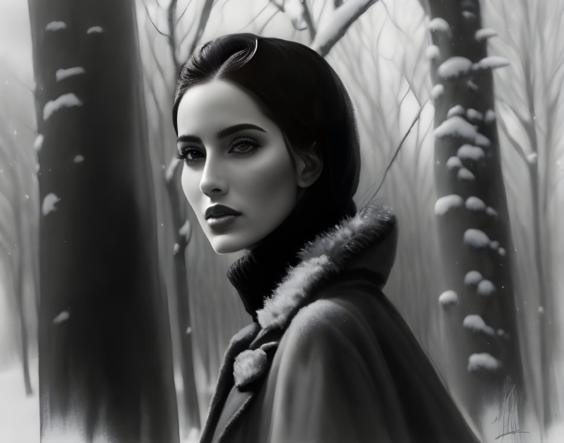 Monochromatic image: Woman with dark hair in fur collar coat in snowy forest