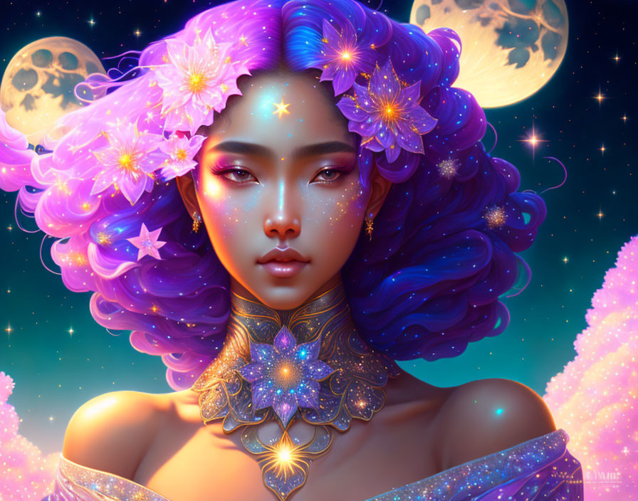 Digital artwork of woman with purple hair, floral adornments, stars, and celestial theme in moonlit