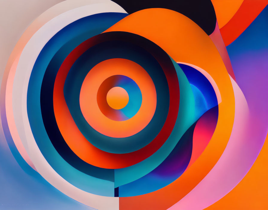 Vibrant abstract art with layered circular shapes in oranges, blues, and reds